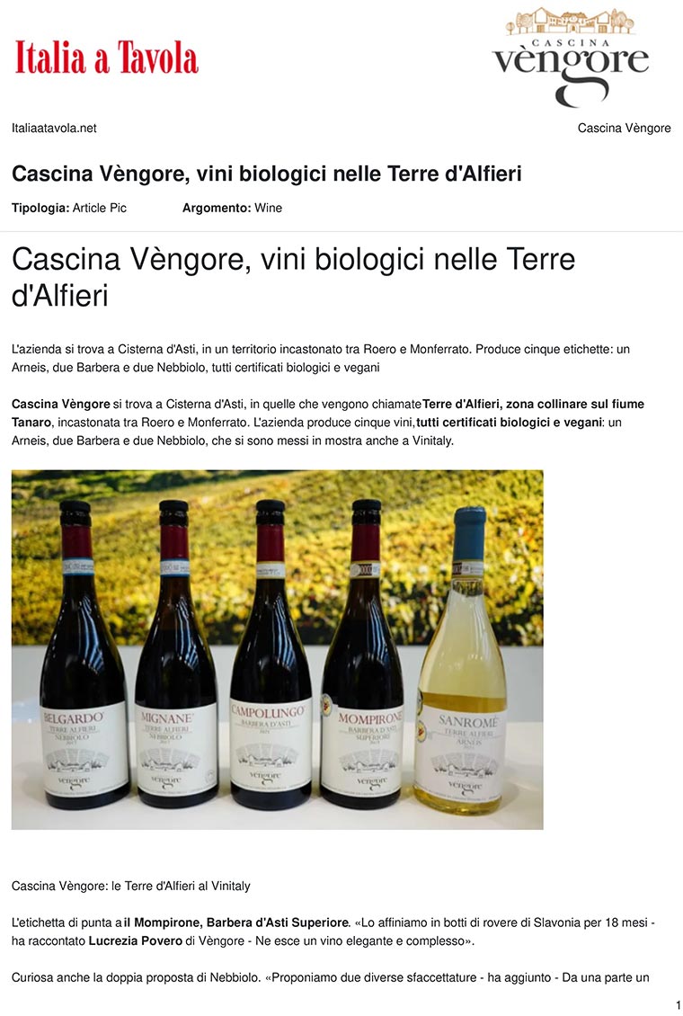 Cascina Vèngore, vini biologici nelle Terre d'Alfieri